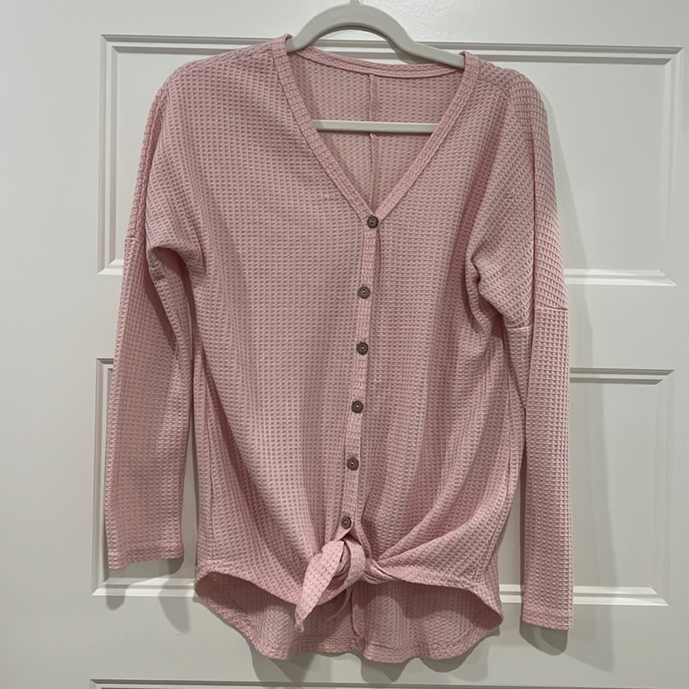 Pink Waffle Knit Button Up